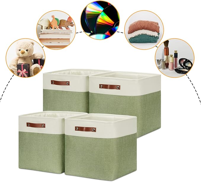 DULLEMELO Storage Baskets for Organizing, Linen Closet Organizers and Storage Baskets for Dog Toy Box, 13 Inch Decorative Cube Storage Bins with handle for Baby Gift Basket(4 Pack - 13" White&Green)