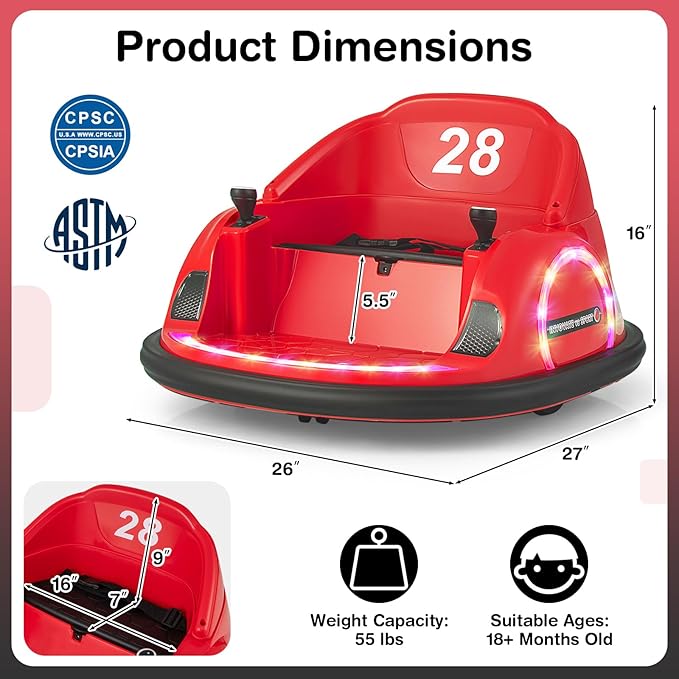 GLACER 12V Bumper Car, Electric Kids Bumper Car w/Parental Remote, 3-Speed, 360°Spin, Music, LED Light, Battery Ride on Bumper Car w/Dual Joysticks, Baby Bumper Car for Toddlers 18 Months+ (Red)