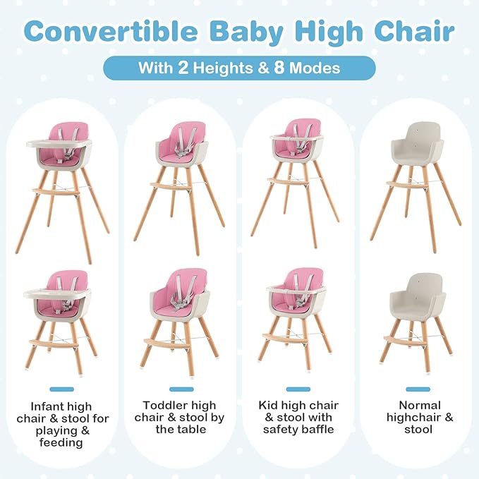 HONEY JOY High Chair, 3-in-1 Eat & Grow Wooden Highchair/Booster Seat/Toddler Chair with Removable Tray, 5-Point Harness, PU Cushion and Footrest for Baby, High Chair for Babies and Toddlers(Pink)