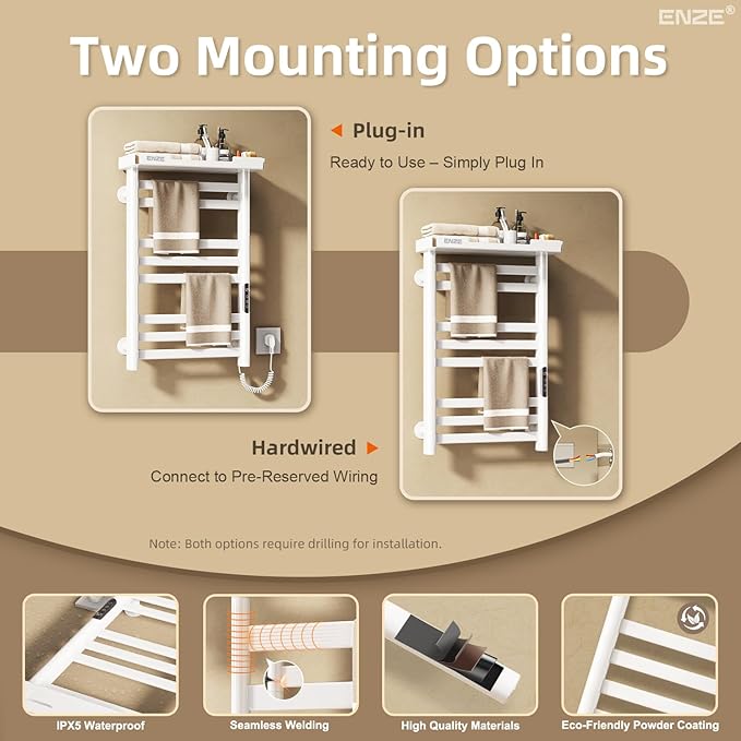 ENZE Heated Towel Rack with Shelf and Wi-Fi App Control, 8 Bars Electric Wall Mounted Towel Warmer with Timer & Adjustable Temperature, Low Carbon Steel, Plug-in/Hardwired, White