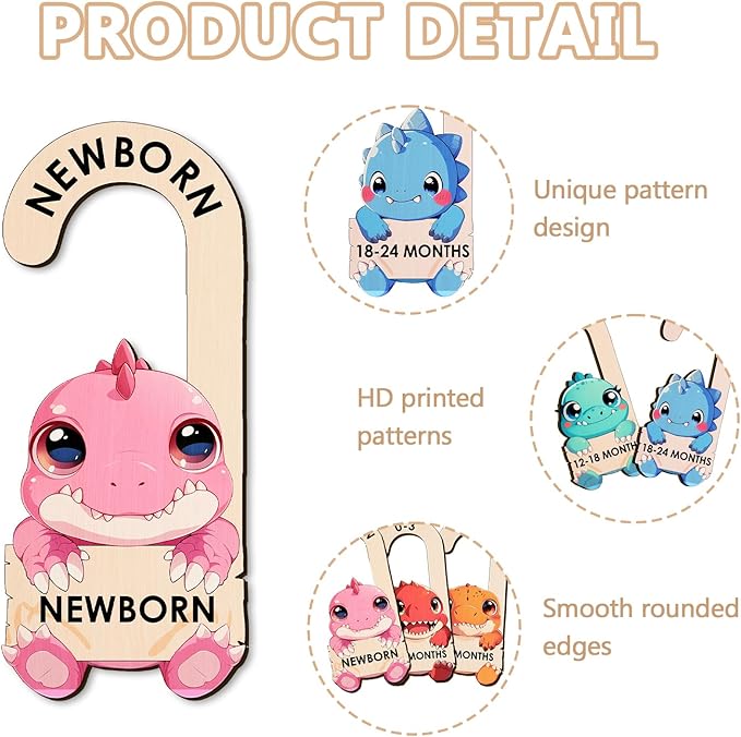 Baby Clothes Dividers for Closet - Wooden Baby Size Closet Dividers Newborn to 24 Months, Unique Dinosaur Design Babies Clothes Organizer for Nursery Decor Gender-Neutral Newborn Hangers (Set of 8)