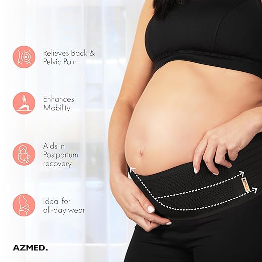 AZMED Maternity Belt Back Support - Adjustable Abdominal Binder for Pregnancy - Belly Band for Pelvic, Waist & Lower Back Comfort - Fits Up to 46 Inches - Black