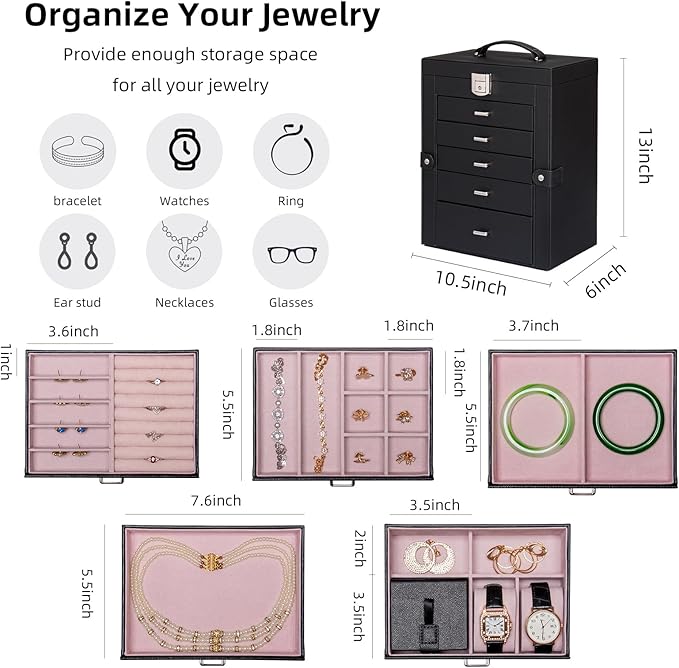 6 Tier Jewelry Box, Jewelry Case with 5 Drawers, Large Storage Capacity, with Mirror, Lockable, Jewelry Storage Organizer, Gift for Loved Ones