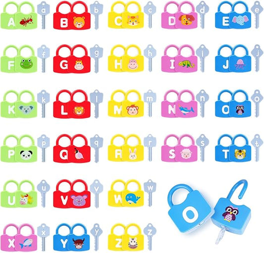 AXEARTE Montessori Educational Toys - Alphabet Learning Locks and Keys for Toddlers - 26 Locks & Keys Set - Baby Sensory Fine Motor Skills Toys - ABC Locks and Keys