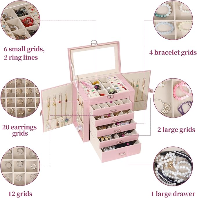 BOOVO Jewelry Box For women, 6 Layer Large Jewelry Organizer With Mirror, Multi-Function Storage Box With Lock, Accessory Holder With 5 Drawers, For Earrings Necklace Ring Bracelet (Pink)