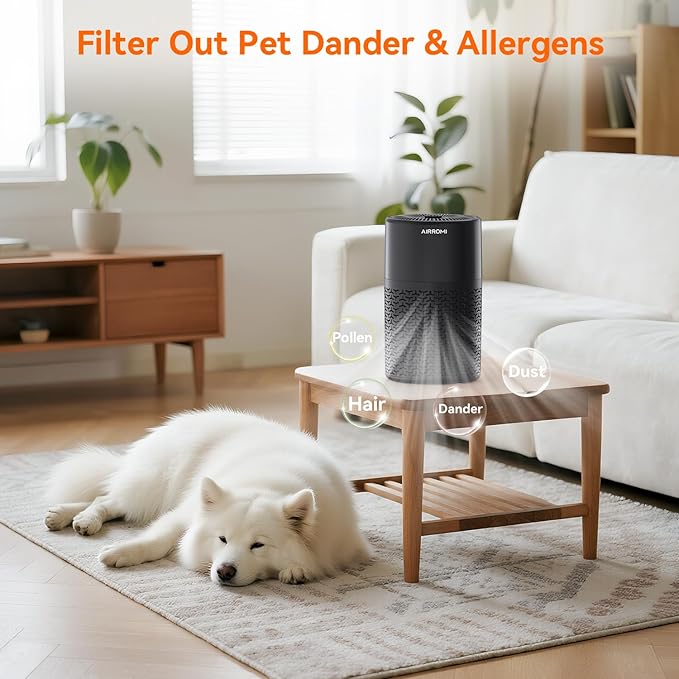 AIRROMI Pets Air Purifier for Home Allergies,Up to 660 ft².Yellow Deodorizing Activated Carbon Filter,With Fragrance Sponge for Better Sleep,Night Light,Pet Dander,Smoke,Odors,Air Cleaner A2002 Black