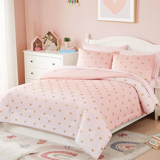 Full Size Comforter Sets with Sheets for Girls-7 Pieces Full Size Bedding Sets with Pink Comforter, Sheets, Pillowcases & Shams for Kids (Pink Gold Heart, 76" X 86")