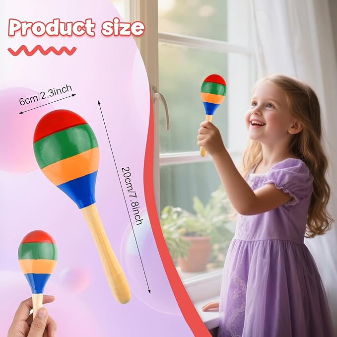 2 Pcs Maracas Hand Percussion Rattles, PLULON Colorful Wooden Maracas Rumba Shakers Rattle Latin Musical Instrument for Kids Adults Game Playing, Mexican Fiesta Cinco De Mayo Party Favors Supplies