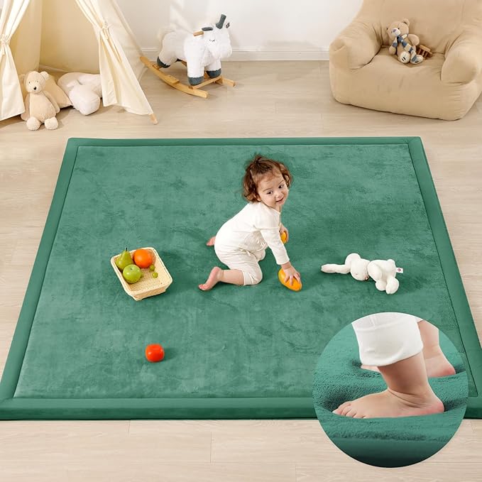 1.3" Thick Baby Play Mat for Floor, 79x118 Large Foam Tummy Time Mat, Padded Support Soft Plush Nursery Rug for Infant Kids Toddler Crawling Kick Activity (Emerald)