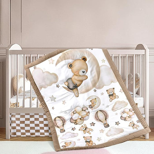 3 Pcs Baby Crib Bedding Set Safari Animals Dinosaurs Bear Woodland Animals Jungle Crib Set Includes Quilt, Fitted Sheet, Skirt for Baby Boy Girl(Brown,Teddy Bear)