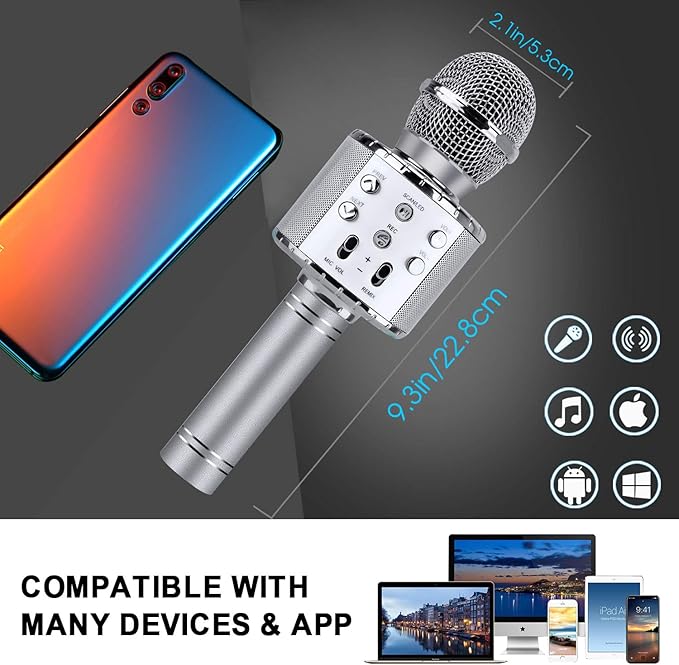 BlueFire 4 in 1 Karaoke Wireless Microphone with LED Lights, Portable Microphone for Kids, Great Gifts Toys for Kids, Girls, Boys and Adults (Silver)