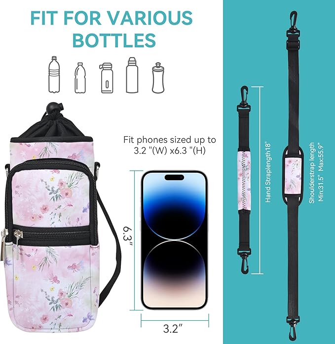 25/32/40/64oz Water Bottle Bag Holder Carrier-Insulated Crossbody Sling Case Sleeve with Strap & Pockets for Men Women Gym Cycling Travel Walking Hiking Camping