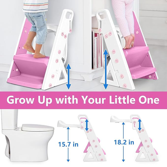 Easy Storage Potty Training Seat with Ladder, Adjustable Step and Toilet Seat Height, Easy-Grip Handles for Climbing, Foldable Portable Toddler Toilet Trainer, Perfect for Small Bathrooms