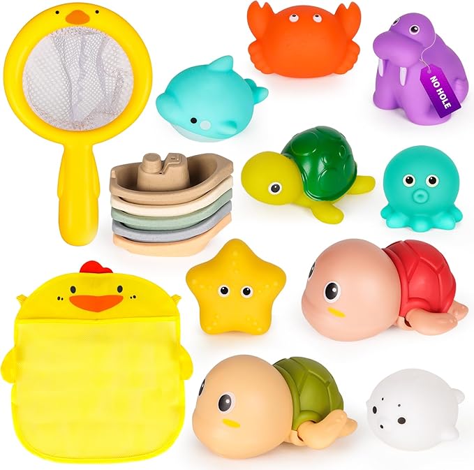 Mold-Free Baby Bath Toys Set 16 Pcs (2 Wind-Up Turtles, 7 No-Hole Sea Animals, 5 Stackable Boats, Fishing Net & Storage Bag) – BPA & Phthalate-Free, Ideal Water Table Baby Pool Toys for Kids Ages 1-3