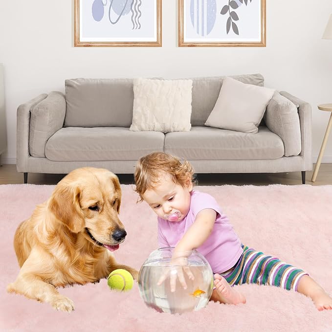 9x12 Pink Fluffy Rug, Ultra Soft Area Rugs for Living Room, Plush Rugs for Bedroom, Non-Slip Indoor Carpet for Nursery, Study Room, Kids Room, Room Decor