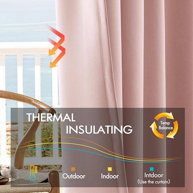 ANRODUO Light Pink Blackout Curtains for Girls Bedroom Living Room 96 Inches Long 2 Panels, Back Tab Rod Pocket Pinch Pleated Thermal Insulated Room Darkening Curtains, 52 x 96 Inch