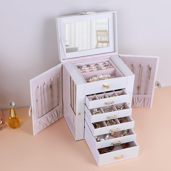 Kendal Jewelry Box, 6-Layer Jewelry Storage Organizer for Necklace Bracelet Rings Watch, 10.2"x8.2"x6" Classic PU Leather 5 Drawers Large Storage Capacity with Mirror