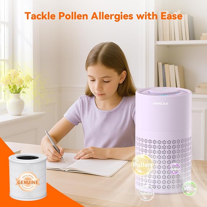 AIRROMI Air Purifier for Bedroom with HEPA 3-in-1 Filter, Pet Air Purifier for Home Cat Pee Smell, Covers Upto 990 Ft², Quiet 360°intake Air Cleaner for Pet Hair,Allergies,Pollen,Smoke A2001 Purple