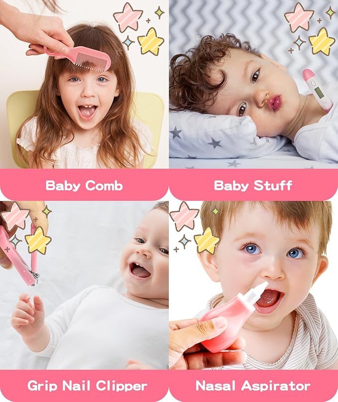Baby Grooming and Healthcare Kit, Portable Baby Safety Care Set with Hair Brush Comb Nail Clipper Nasal Aspirator for Nursery Newborn Infant Girl Boy (32 in 1, Pink)