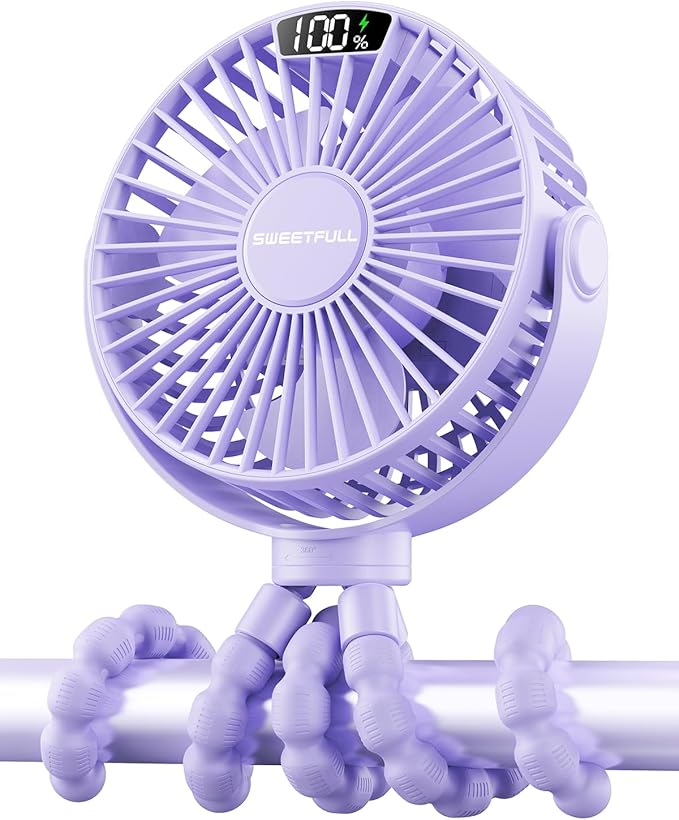 SWEETFULL Portable Stroller Fan with Display 4000mAh Battery Powered Mini Clip On Fan, 4-Speed Rechargeable Small Personal Cooling for Baby Car Seat Crib Travel - Purple
