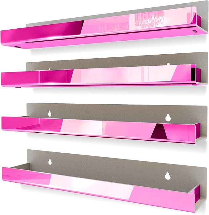 4 Pack 15 Inch Pink Reflective Acrylic Shelves, Pink Floating Shelves, Modern Sunglasses Essential Oil Picture Ledge Display Toy Storage Shelf
