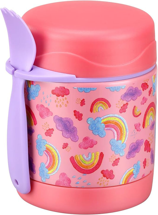 10oz Soup Thermo for Hot Food Kids,Lunch Thermo Kids Food Jar with Spoon Hot Insulated Food Containers,Leak Proof Stainless Steel Wide Mouth Lunch Food Thermo Jar for School(Pink-Rainbow)