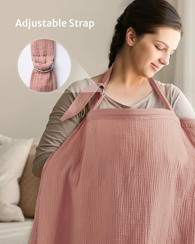 Blissful Diary Muslin Nursing Cover for Breastfeeding, Breathable Breastfeeding Cover up with Arch Neckline for Women, Nursing Apron (Dusty Pink)