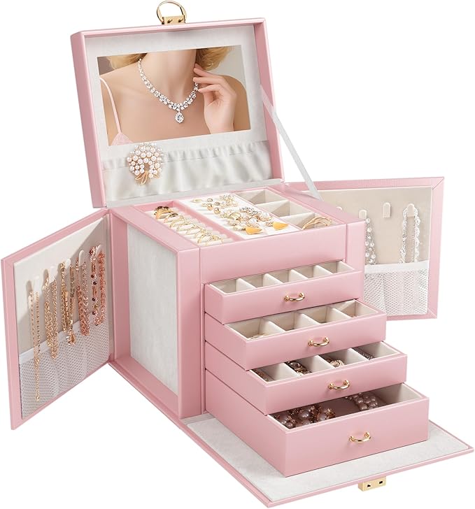 5-Layer Jewelry Box with 4 Drawers, Huge Portable Jewelry Organizer with Lock and Mirror for Women, for Necklace Ring Earring Bracelet Storage, Lockable Jewelry Case, Pink
