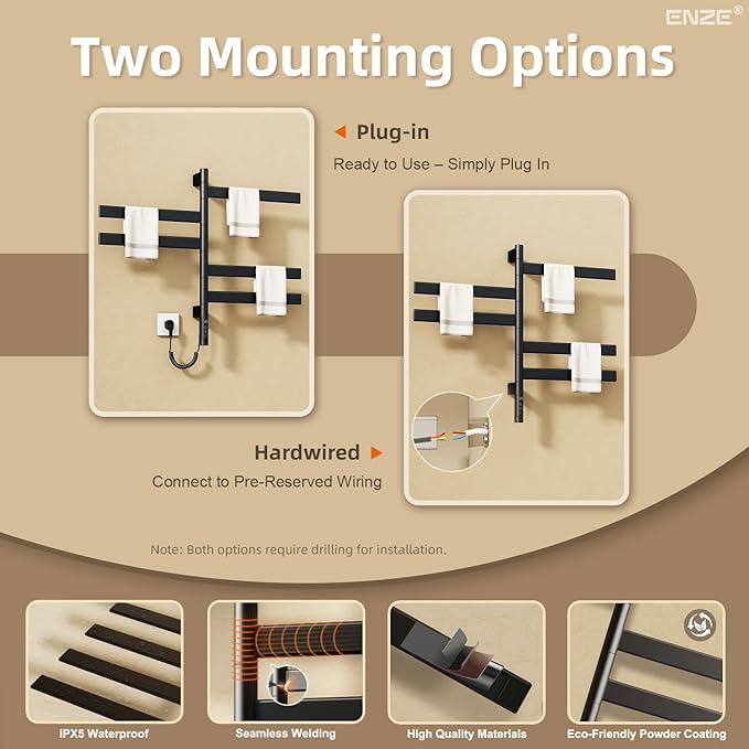 ENZE Smart Rotating Heated Towel Rack for Bathroom, Wall-Mounted Electric Towel Dryer with Swivel Bars, Smart Timer, Low Carbon Steel, IPX5, Plug-in/Hardwired, Towel Warmer with Wi-Fi App Control