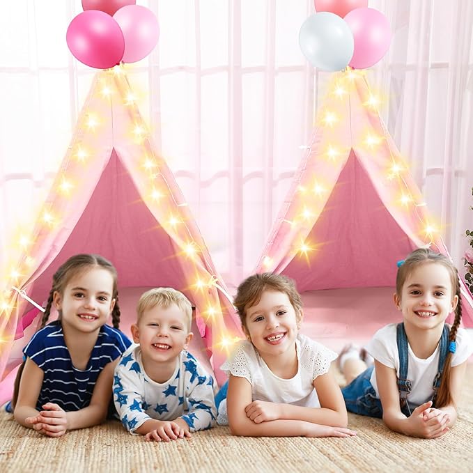 6 Pack Sleepovers Teepee Tent for Kids Bulk with Mattress Sheet Light,Natural Cotton Washable Indoor Play Tent for Birthday Slumber Party Girls Boys Pajama Movie Night Supplies(Light Pink)