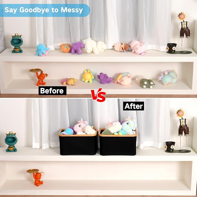 efluky Storage Baskets for Organizing, Fabric Storage Bins with Bamboo Handles, Collapsible Storage Baskets for Shelves and Closet (Black, 16.2'' x 13'' x 9.1'')