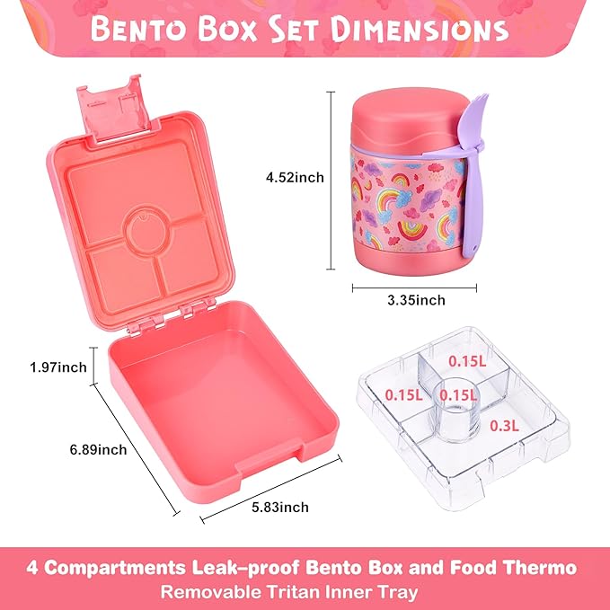Bento Lunch Box Set With 10oz Soup Thermo, Leak-proof Lunch Containers with 4 Compartment, Kids Hot Thermo Food Jar/Insulation Lunch Bag, Food Containers for School（Rainbow）
