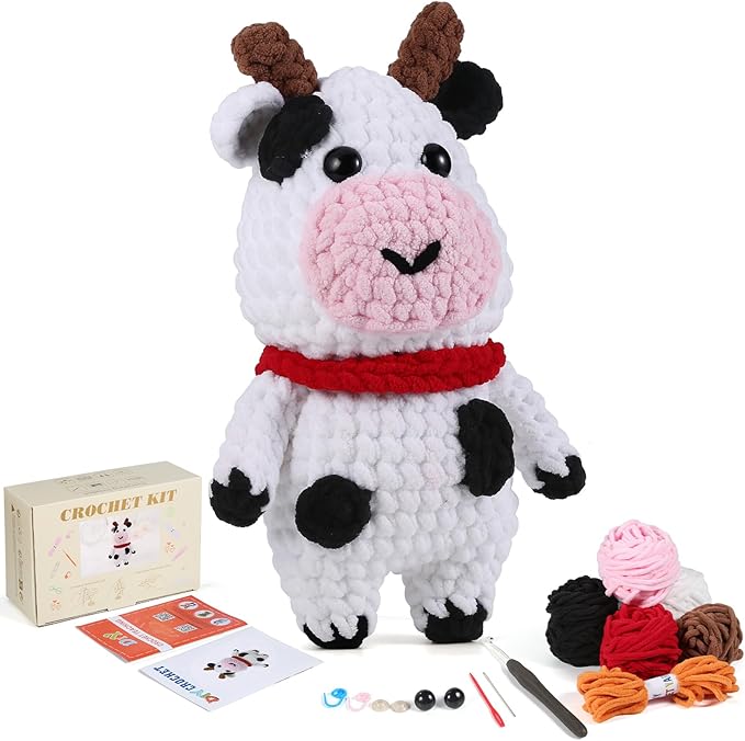 Crochet Animal Kit – 10in Big Adorable COW, Amigurumi Crochet Kit For Intermediate Advanced Level, Kids Knitting Kit With Detailed Videos Tutorials, Yarn, Crochet Hook, Best Gift For Crochet Lovers
