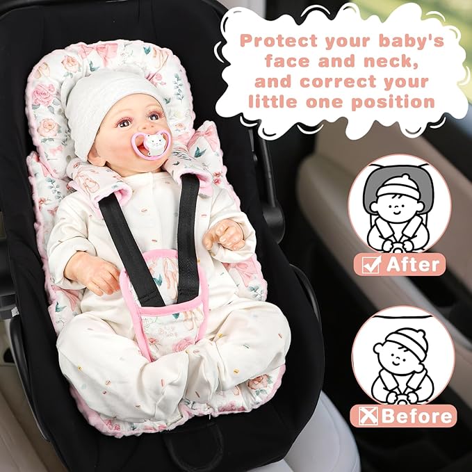 3-in-1 Infant Car Seat Insert, Soft Head and Body Support,Ultra & Strap Covers Set, Reversible Newborn Car Seat Cushion Pad for Baby Boy & Girl fits Stroller, Swing, Bouncer (Pink Bow)