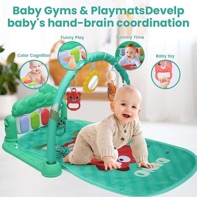 Baby Gyms Play Mat, Infant Toy Play Mat Activity Center, Baby Play Piano Mats with Music and Lights, Activity Padded for Babies Newborns and Toddlers Boys and Girls 0-12 Months, Green
