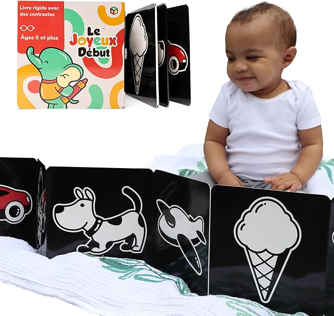 Happy Start Award-Winning High Contrast Board Book - Newborn Black & White Baby Cards, Easy to Clean, Hospital Approved, Stands on Its Own, Tummy Time Toy, Ages 0+ (French)