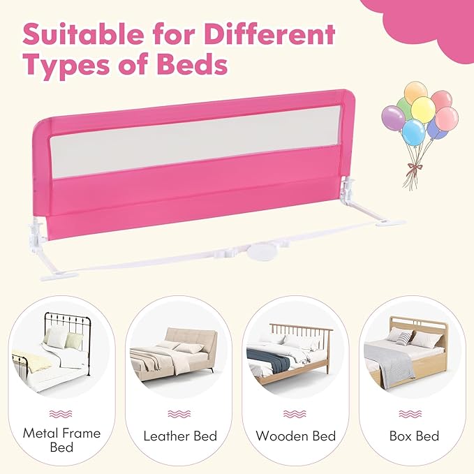 BABY JOY Bed Rails for Toddlers, 59'' Extra Long, Swing Down Bed Guard w/Safety Straps, Folding Baby Bedrail for Kids Twin, Double, Full Size Queen & King Mattress (Pink, 59-Inch)