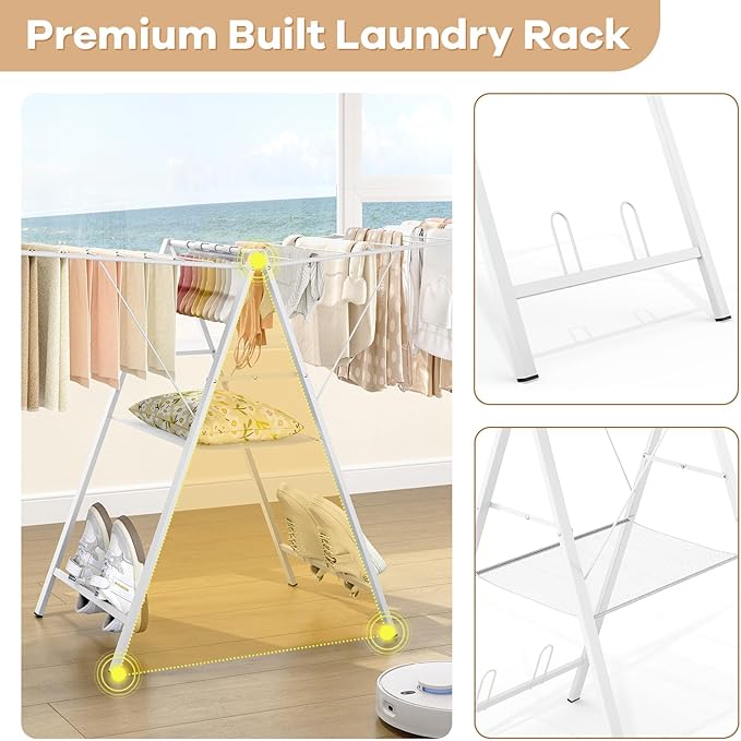APEXCHASER Drying Rack Clothing, Clothes Drying Rack Foldable, Metal Laundry Drying Rack Collapsible for Sweater Towel Indoor Outdoor, Gullwing Clothes Rack Drying with Height Adjustable Rails, White