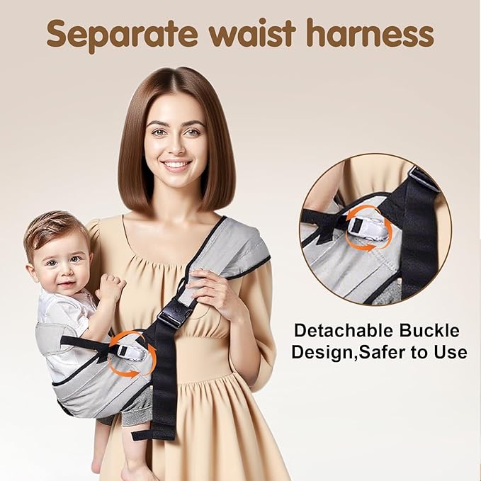 Baby Sling Carrier,Toddler Carrier, 2025 New Baby Sling with Waist Harness,Portable and Lightweight Sling,Non-Slip Hip Seat Carrying 25-60lbs(Grey)