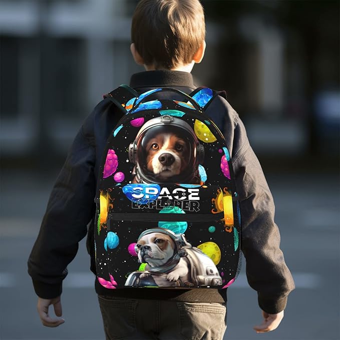 Funny Astronaut Dog Print Kids Backpack, Planet Space Galaxy Themed School Bag for Boys & Girls, Lightweight and Durable Bookbag for Age 5-12, Backpack Ideal for School & Outdoor Adventures
