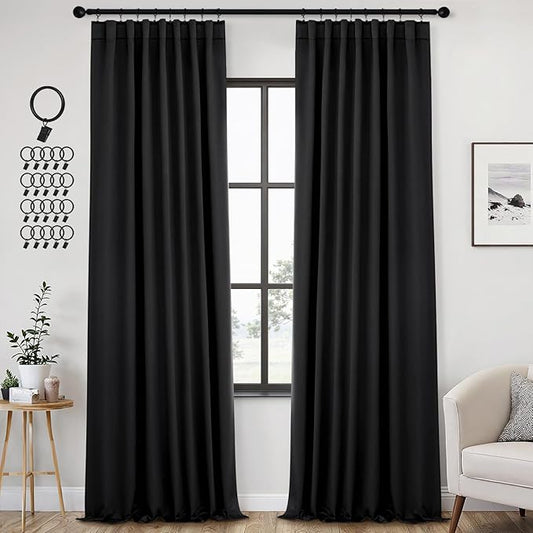 ANRODUO Back Tab Blackout Curtains for Bedroom Living Room, Rod Pocket Pinch Pleated Thermal Insulated Room Darkening Curtains 96 Inches Long 2 Panels, Black, 42 x 96 Inch