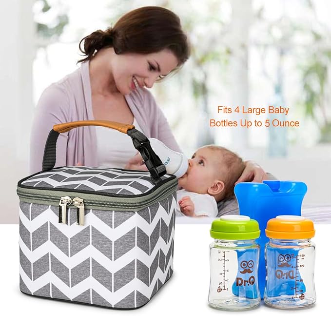 BreastMilk Cooler Bag with Ice Pack Fits 4 Large Baby Bottles Up to 5 Ounce, Baby Bottle Cooler Bag Great for Nursing Mom Daycare