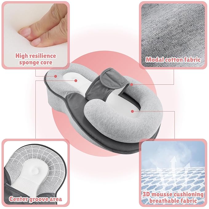 Baby Wedge Pillow for Infant with Safety Strap, Reflux Baby Pillow, Relief & Spit-Up Prevention, Removable Cover for Breastfeeding, Bottle Feeding