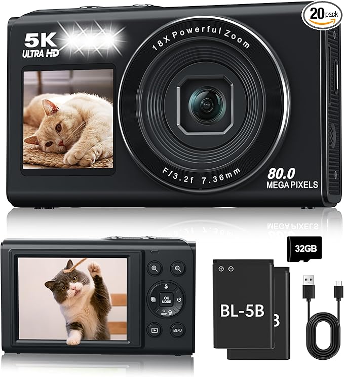 5K Digital Camera, Dual Screens Camera with 18X Digital Zoom, Compact Vlogging Camera for Teens, Beginner-Friendly Gift Pack, 32GB Card & 2 Batteries, Black