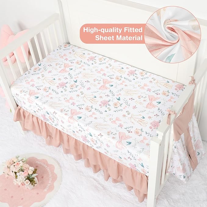 GFU Crib Bedding Set for Girls 4-Piece, Bow Baby Girl Crib Bedding Set Pink Flowes, Nursery Sets Includes Comforter, Fitted Crib Sheet, Crib Skirt, and Diaper Stacker