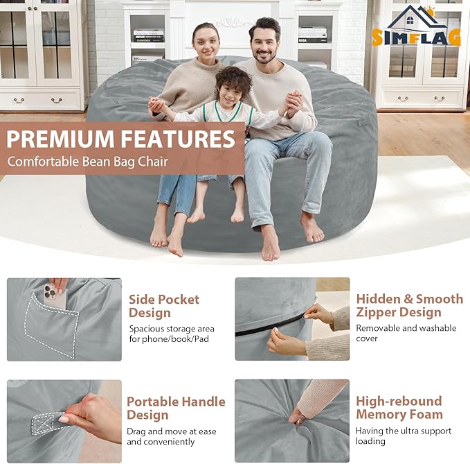 5FT Bean Bag Chair, Large Bean Bag Chairs with Memory Foam Filled, Fluffy Beanbag Sofa with Dutch Velvet Cover, Round BeanBag Chairs for Living Room, Playroom - Light Grey