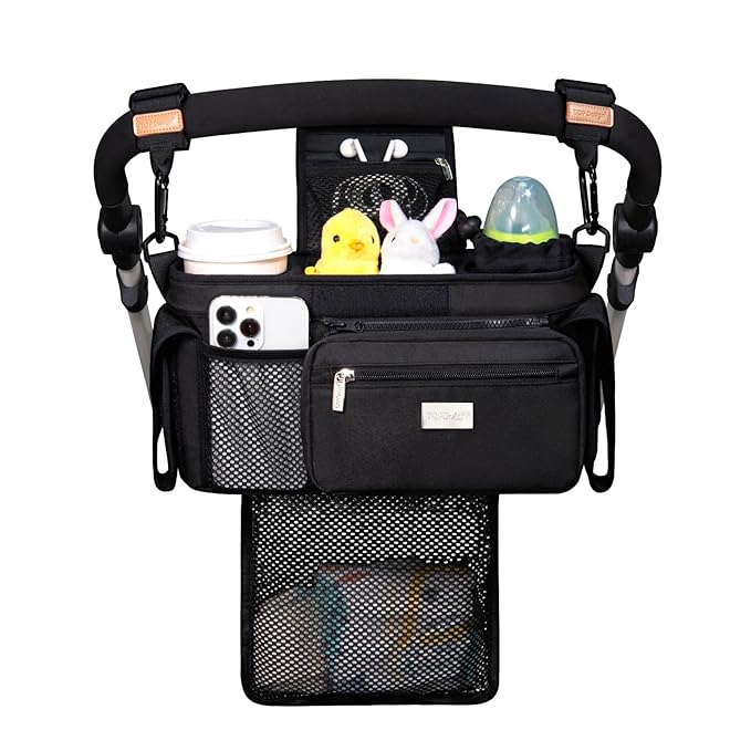 TOPDesign Universal Baby Stroller Organizer, Stroller Caddy with Detachable Mesh Bag & Heightened Insulated Cup Holders & Non-Slip Secure Hooks Accessories, Fits Most Strollers (Black)