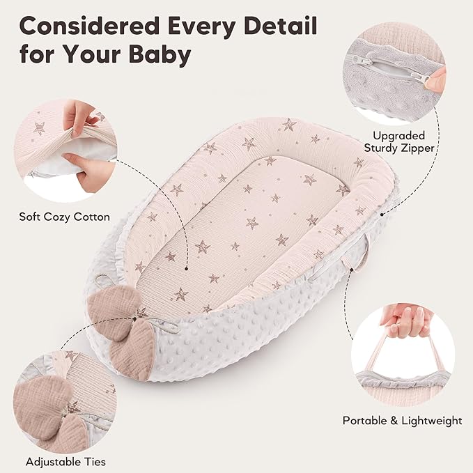 Baby Lounger - Infant Lounger Pillow for Newborn 0-24 Months, Soft, Breathable & Portable Baby Lounger Pillow for Boys & Girls, Cozy Baby Floor Seat for Home & Travel (Pink Star)