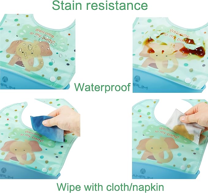 Amplim Baby Feeding Bib (3-Pack) Toddler/Baby Bibs for Eating. Waterproof, Adjustable, Lightweight. Eco-friendly PEVA material. BPA, Lead, Phthalate, Cadmium free