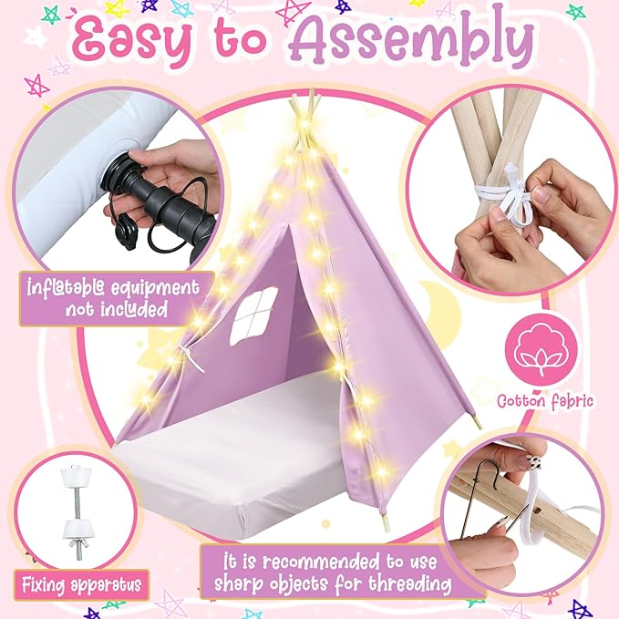 6 Pack Sleepovers Teepee Tent for Kids Bulk with Mattress Sheet Light,Natural Cotton Washable Indoor Play Tent for Birthday Slumber Party Girls Boys Pajama Movie Night Supplies(Pink, Purple, White)
